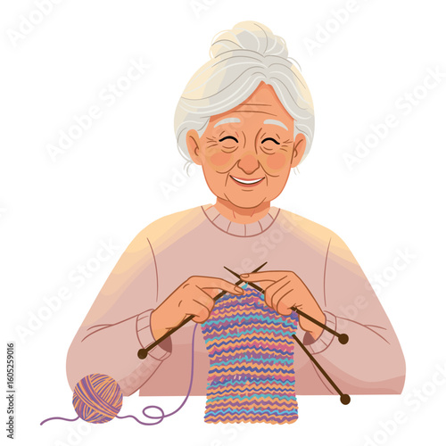 Elderly caucasian woman knitting colorful pattern with yarn and needles. Vector illustration