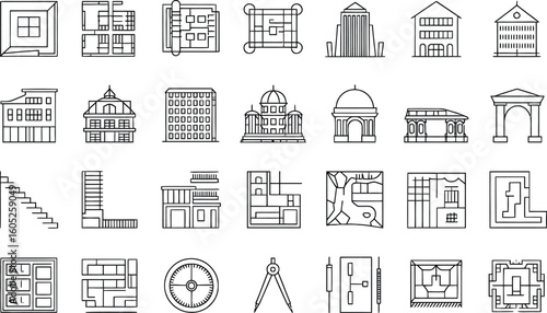 Collection of architectural drawings and building elevations in black and white