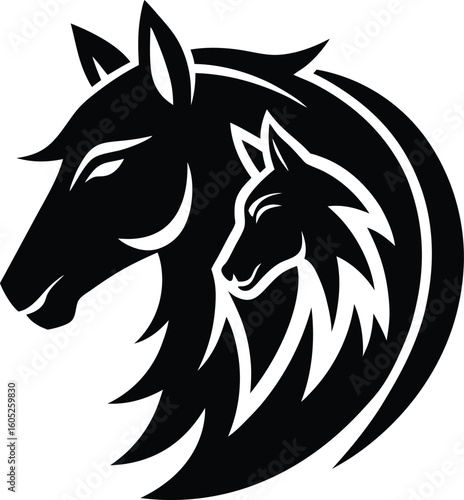 Vector art of a black silhouette of two wolves heads, one larger than the other, with flowing lines