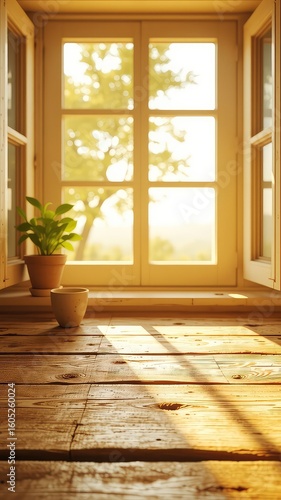 Warm sunlight streams through an open window illuminating a rustic wooden floor and a small potted plant.