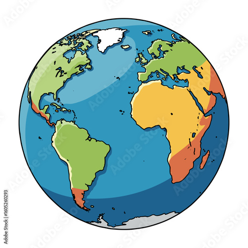 Colorful illustration of earth with continents and oceans. Vector illustration