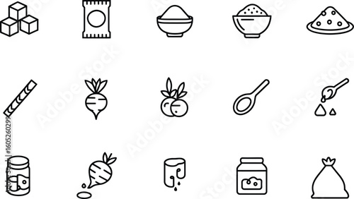 Collection of line art icons representing sugar production and products