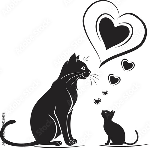 Vector art of a black cat and kitten share a moment of love with hearts floating above