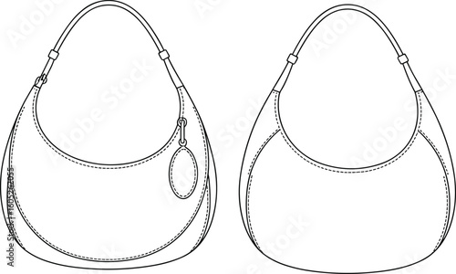 Women's Shoulder Bag Fashion Flat Sketch Template, Half-Moon Hobo Style Handbag with Charm, Modern Accessory Design, Technical Drawing Vector, Trendy Casual Style.