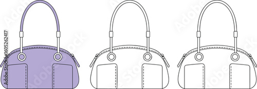 Women's Shoulder Bag Fashion Flat Sketch Template, Zipper Closure Handbag, Front Pockets Accessory Design, Technical Drawing Illustration, Modern Casual Style Vector.