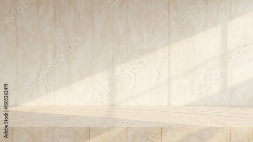Minimalist interior scene with sunlight streaming onto a neutral beige wall and platform, casting shadows to enhance the textured background