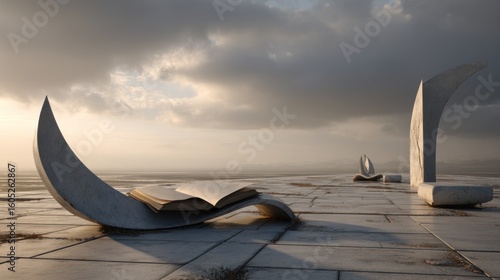 Open book on stone benches, sunrise