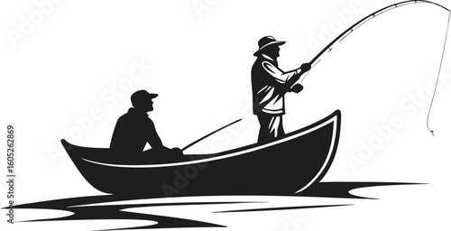 Vector art of two fishermen in a boat cast their lines while fishing on the water