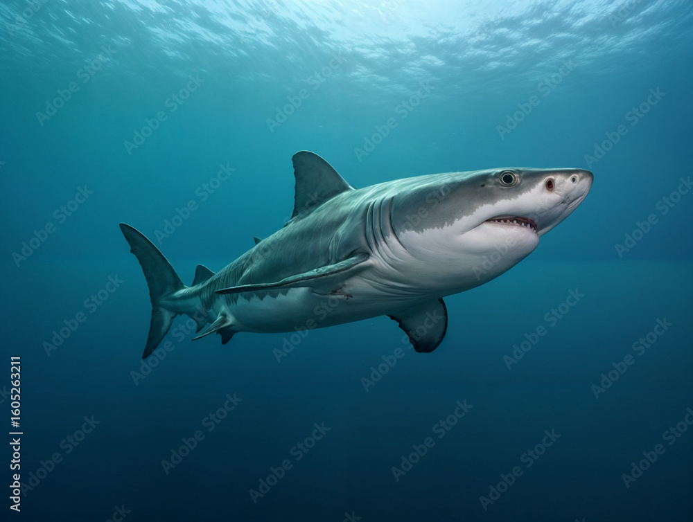 Fototapeta premium Powerful shark swims with open mouth revealing sharp teeth, its muscular body and white underbelly visible in the blue underwater environment. Great for marine life content and ocean documentaries