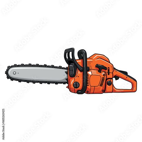 Orange chainsaw illustration of professional gasoline-powered tool with grey chain blade. Vector illustration