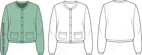 Women's Cropped Cardigan Fashion Flat Sketch Template, Round Neck Button-Front Knitwear, Long Sleeve Apparel Design, Technical Drawing Illustration, Casual Top.
