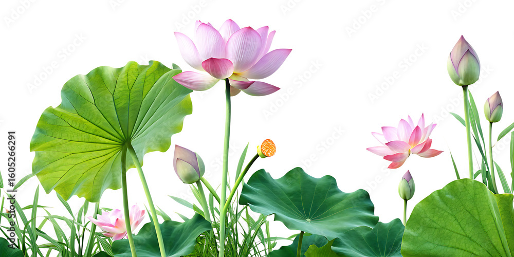Obraz premium beautiful lotus and leaf in nature png isolated on white background, png, ai generated.