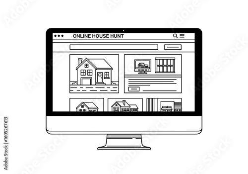 Computer screen displaying online real estate listings and house illustrations