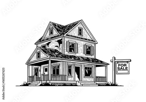 Old house for sale with sign and damaged exterior 