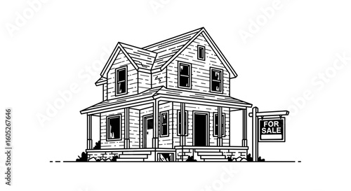 Outline of an abandoned house with a "For Sale" sign for real estate concepts