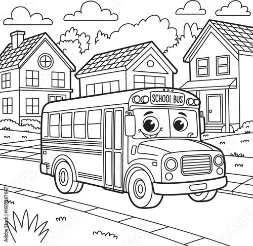Happy cartoon school bus on a street with houses and clouds vector