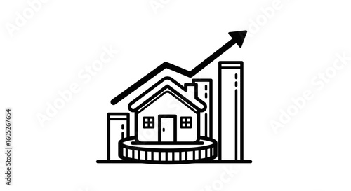 House icon with rising graph indicating real estate market growth and investment