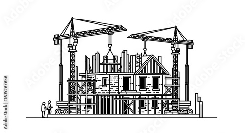 Construction site with cranes lifting materials for new building project