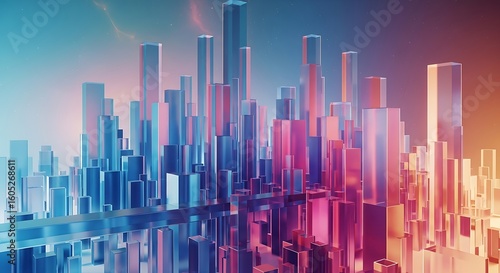 Abstract cityscape of colorful, geometric shapes.