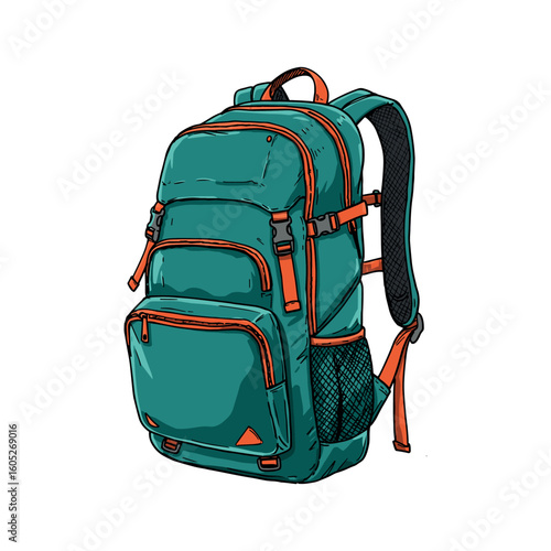 Teal backpack with orange trim and multiple compartments for outdoor adventure. Vector illustration