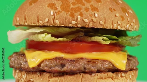 Juicy Cheeseburger with Lettuce, Tomato, and Melted Cheese in a Toasted Bun – Classic American Fast Food Favorite Served Hot and Fresh.