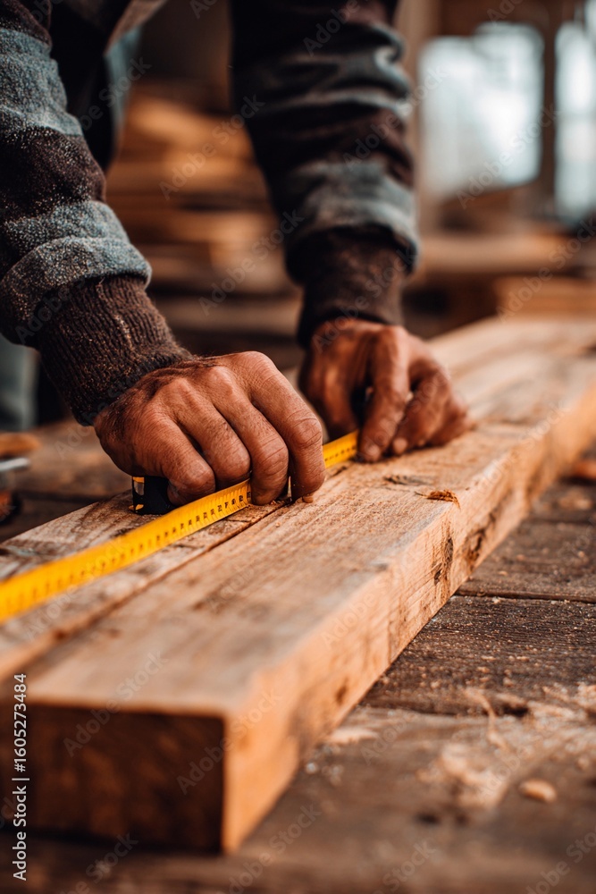 In a rustic workshop, a skilled craftsman carefully measures a wooden plank using a tape measure. The environment reflects a dedication to traditional woodworking techniques In a rustic workshop, a skilled craftsman carefully measures a wooden plank using a tape measure. The environment reflects a dedication to traditional woodworking techniques