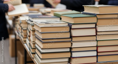 High stacks of books displayed for sale.