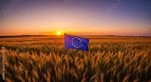 European union flag in a golden wheat field at sunset.