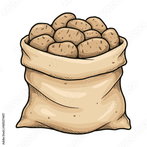 Burlap sack filled with fresh potatoes. Vector illustration
