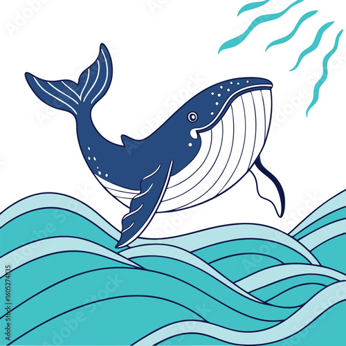 Vector art of a blue humpback whale breaches from the ocean waves with fish swimming below