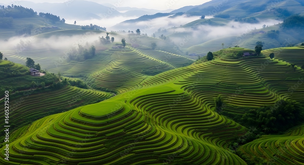 Naklejka premium Lush green terraced rice paddies stretch across a misty mountain landscape.