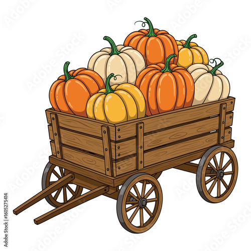 Wooden cart filled with vibrant orange, yellow, and white pumpkins for harvest festival. Vector illustration
