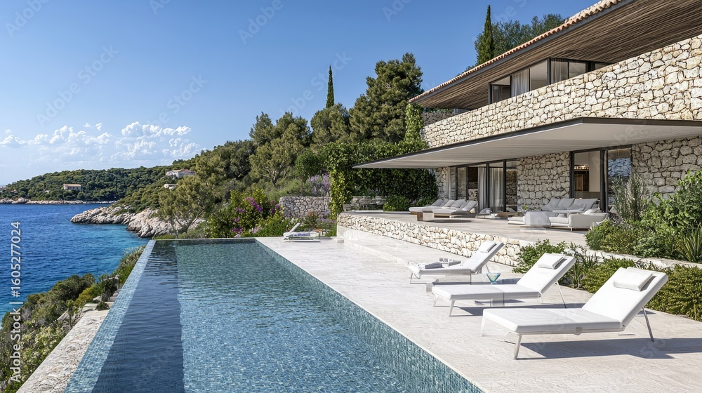 Fototapeta premium Stunning modern villa with infinity pool overlooking the sea.