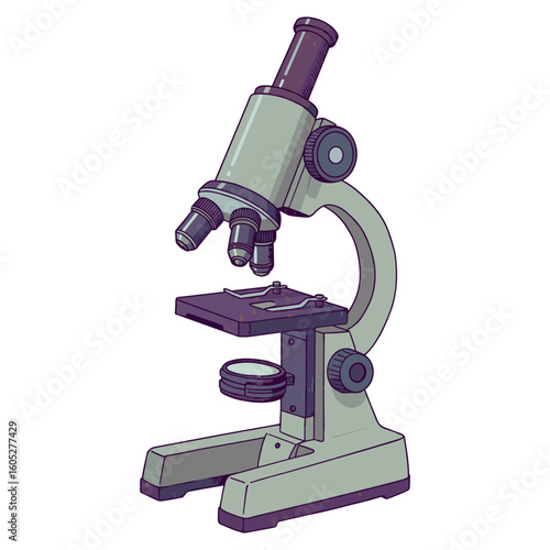 Vintage gray microscope with triple objective lenses for scientific research. Vector illustration
