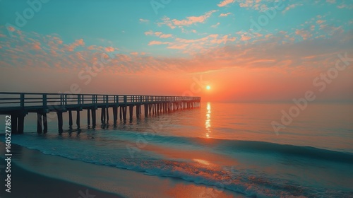 Sunset Over the Ocean With Pier Silhouette and Gentle Waves at the Beach.