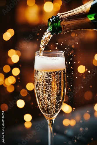 Champagne Being Poured Into a Flute With Festive Bokeh Lights in the Background.