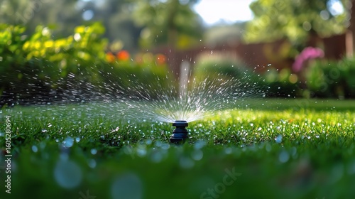Garden Sprinkler Watering Grass in Bright Sunny Day With Flowers in Background