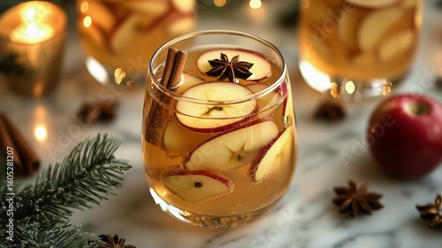Warm Spiced Apple Drink Served in Glass With Apples and Cinnamon Sticks Durin...