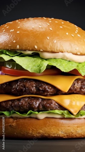 Juicy Cheeseburger with Lettuce, Tomato, and Melted Cheese in a Toasted Bun – Classic American Fast Food Favorite Served Hot and Fresh.