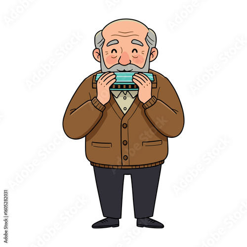 Elderly caucasian male playing harmonica in brown sweater cartoon style. Vector illustration