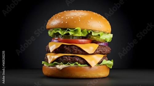 Juicy Cheeseburger with Lettuce, Tomato, and Melted Cheese in a Toasted Bun – Classic American Fast Food Favorite Served Hot and Fresh.
