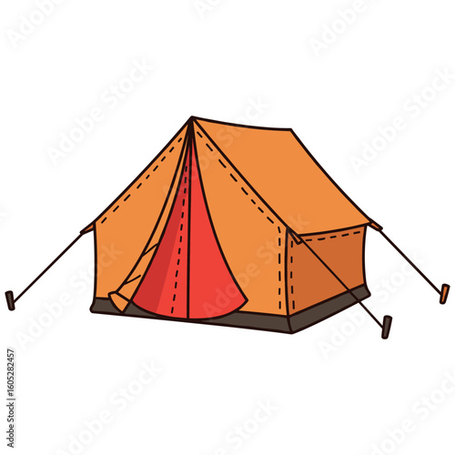 Orange camping tent with stakes and ropes on a white background. Vector illustration