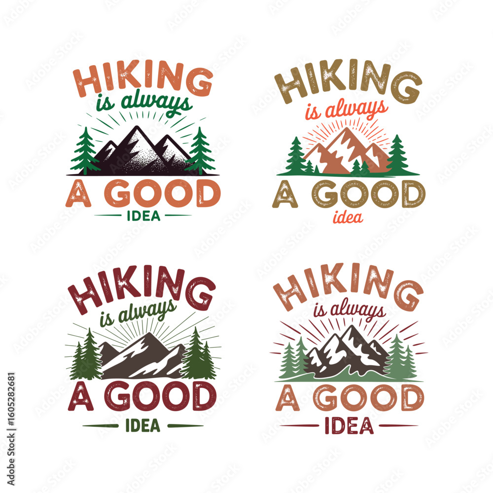 Obraz premium Four vintage style hiking adventure emblems with mountains and trees