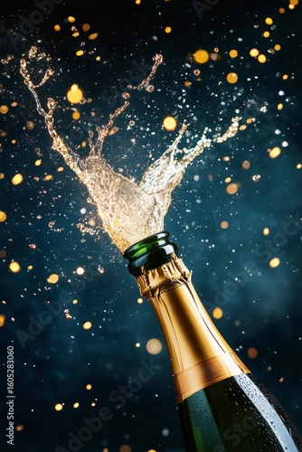 Champagne Bottle Uncorked With Sparkling Liquid and Glittering Background Dur...
