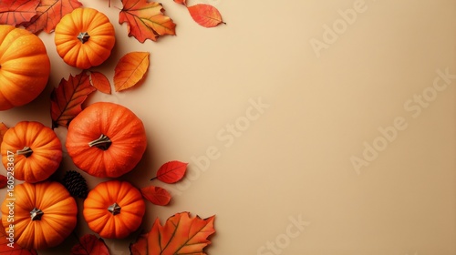 Vibrant Autumn Pumpkins and Colorful Leaves Arranged on a Neutral Background ...
