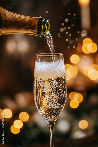 Champagne Being Poured Into a Flute With Festive Bokeh Lights in the Background