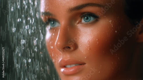 Woman Under a Gentle Shower Displaying Natural Beauty and Glowing Skin