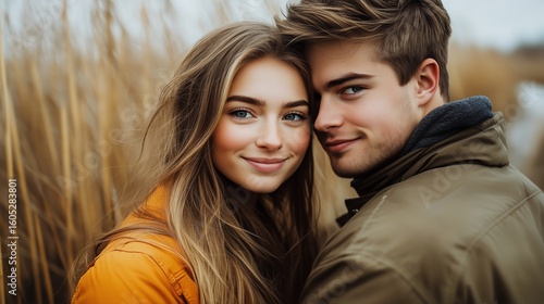 Couple Smiling Together in a Natural Setting During Fall Season
