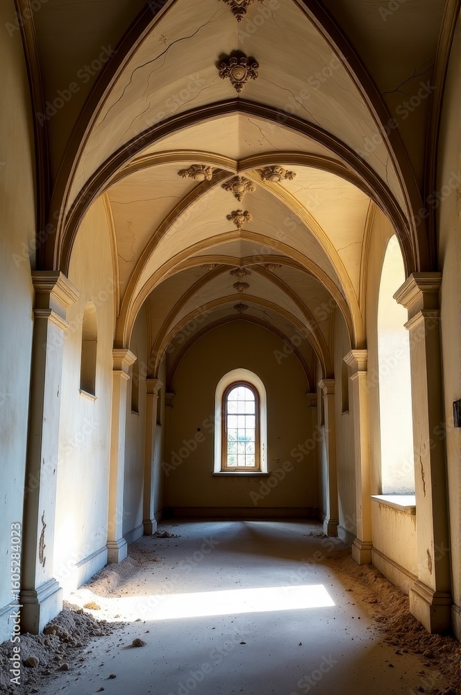 Fototapeta premium An empty, abandoned corridor with a vaulted ceiling and a single window letting in light.