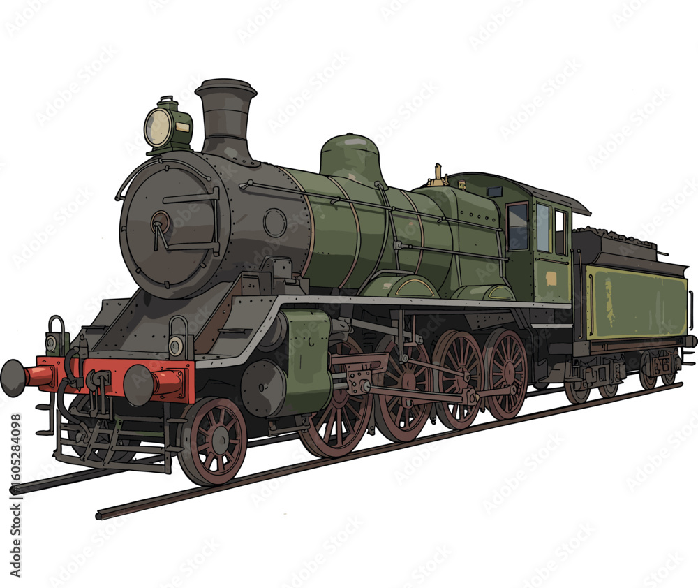 Fototapeta premium Vintage green steam locomotive with detailed features on rail tracks. Vector illustration